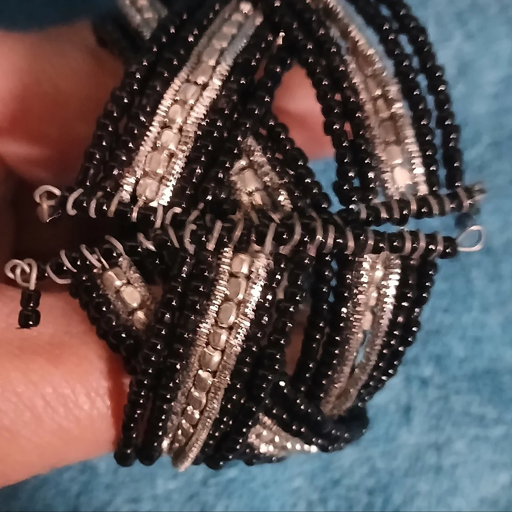 Black and Silver Beaded Bracelet Cuff